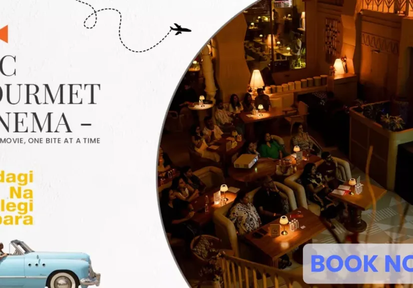 People enjoying a gourmet outdoor cinema experience in Pune inspired by Zindagi Na Milegi Dobara, blending film, food, and Spanish-inspired decor.