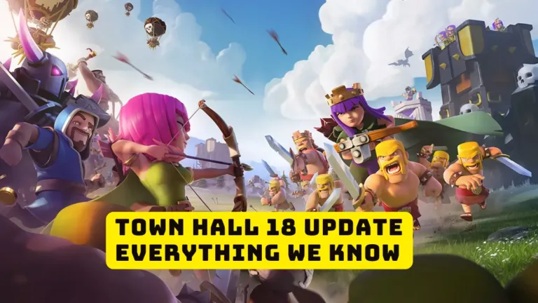 Town Hall 18 update in Clash of Clans featuring futuristic defenses, heroes, and glowing upgraded buildings with Town Hall level 18 theme.