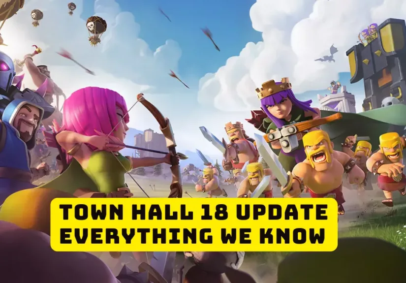 Town Hall 18 update in Clash of Clans featuring futuristic defenses, heroes, and glowing upgraded buildings with Town Hall level 18 theme.