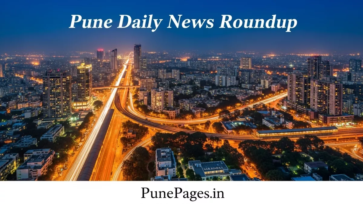 Aerial view of Pune city skyline showing metro, highways and urban development, with text Pune Daily News Roundup and PunePages.in branding.
