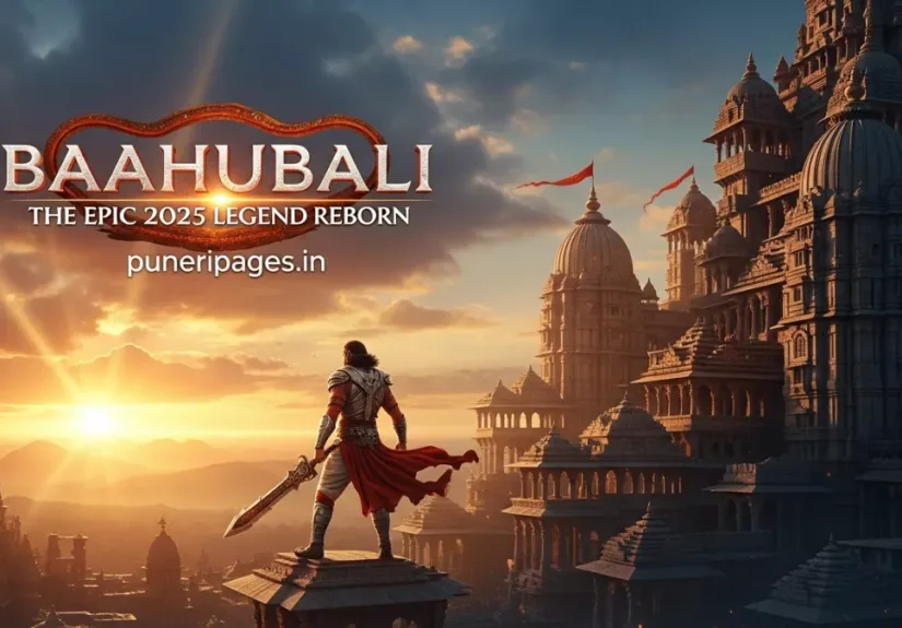 Baahubali: The Epic 2025 poster featuring Mahishmati kingdom and warrior silhouette