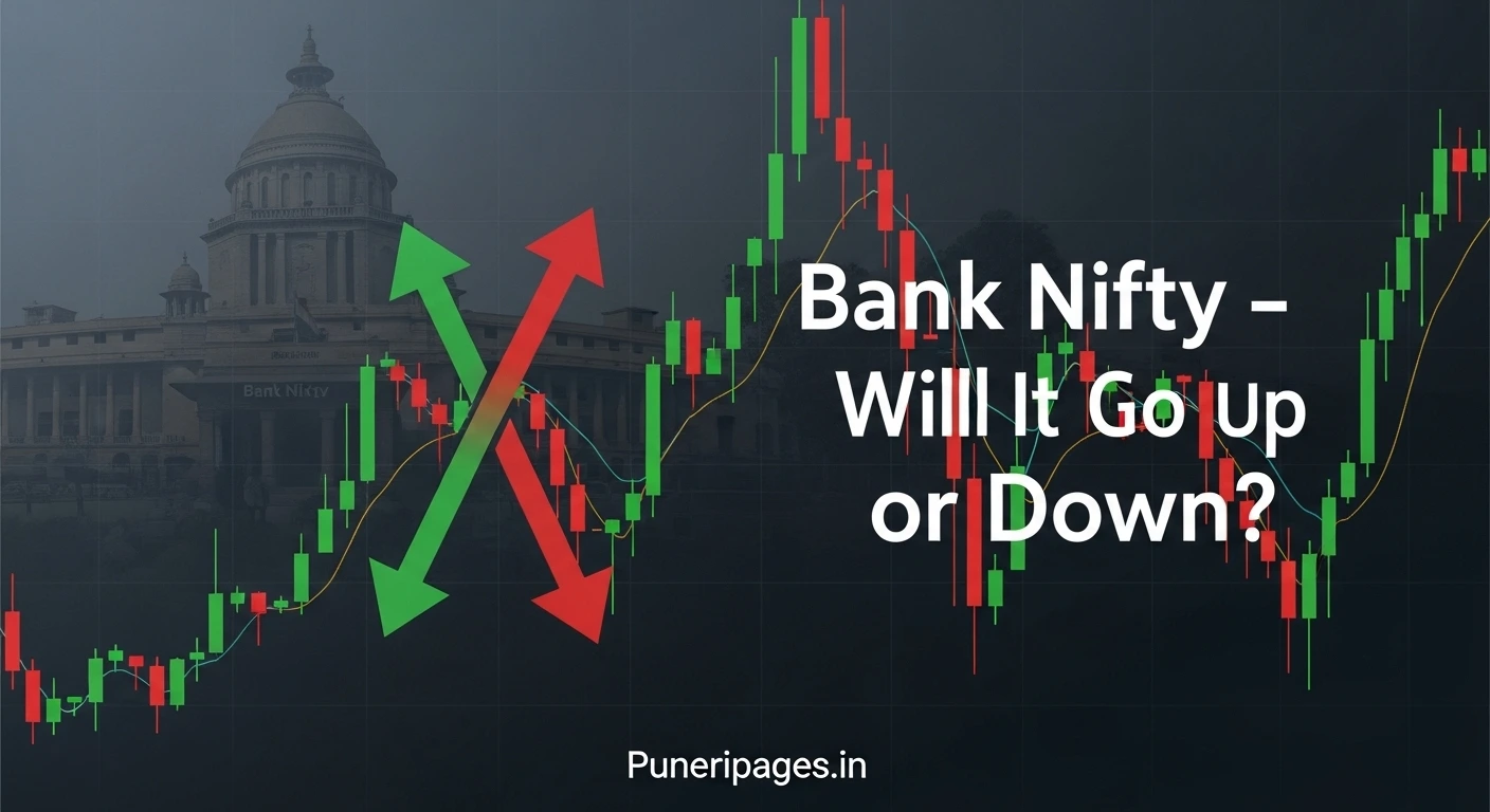 Bank Nifty prediction guide – chart with up and down arrows, showing how traders can know if Bank Nifty will rise or fall – Puneripages.in