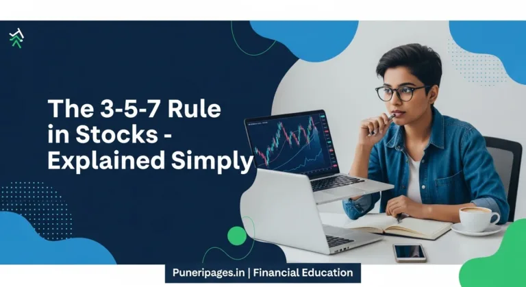 Cover image explaining the 3-5-7 rule in stocks with a young investor, stock charts, and Puneripages.in branding