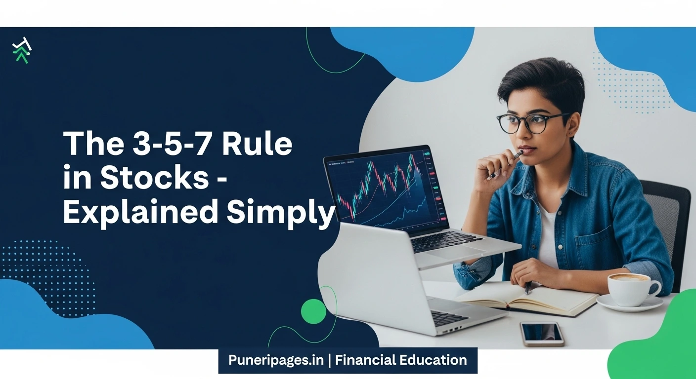 Cover image explaining the 3-5-7 rule in stocks with a young investor, stock charts, and Puneripages.in branding