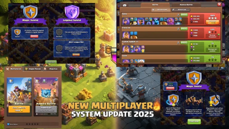 Clash of Clans new multiplayer system update 2025 — showing Battle Mode and Ranked Battle with trophy leagues, created by PuneriPages.in