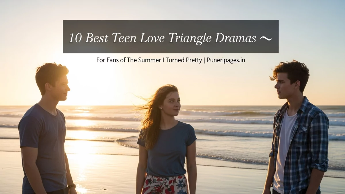 A dreamy collage of three teenagers in a love triangle on a beach at sunset, representing teen romance dramas like The Summer I Turned Pretty — puneripages.in