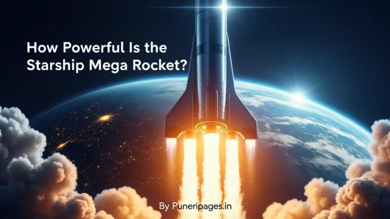 Starship Mega Rocket launching into space with bright flames and Earth in the background — cover image for article on Puneripages.in.