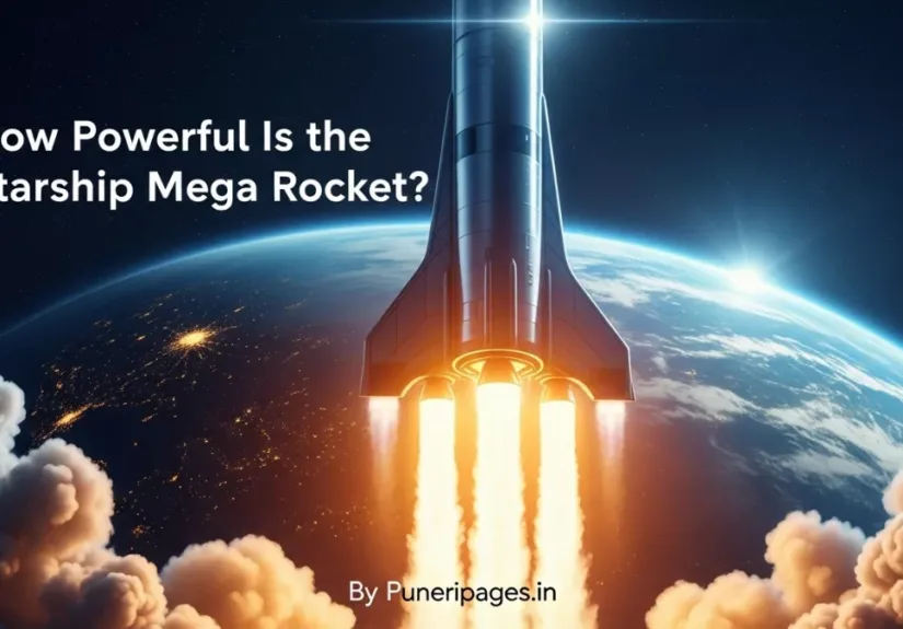 Starship Mega Rocket launching into space with bright flames and Earth in the background — cover image for article on Puneripages.in.