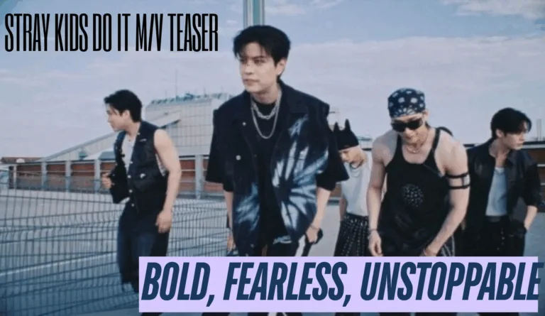 Stray Kids do IT M/V Teaser poster featuring all members in neon-lit cyberpunk style with the text “Bold, Fearless, Unstoppable” from Puneripages.in