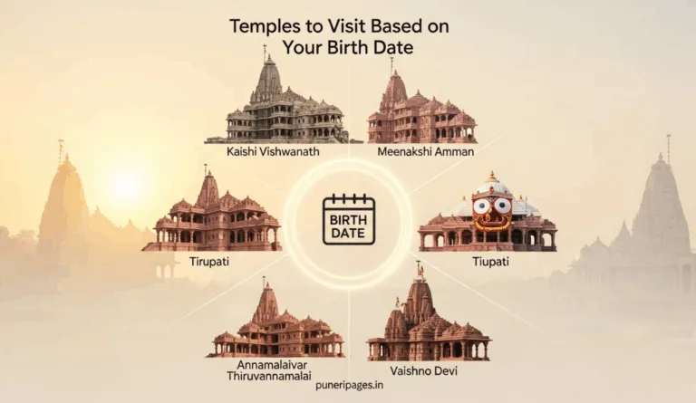 Illustration of temples to visit based on your birth date featuring six famous Indian temples with a glowing birth-date theme