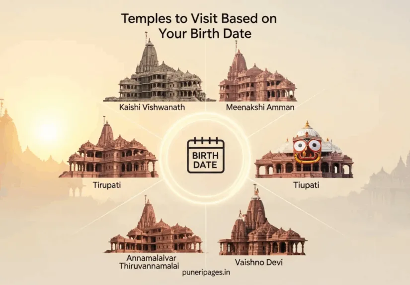 Illustration of temples to visit based on your birth date featuring six famous Indian temples with a glowing birth-date theme