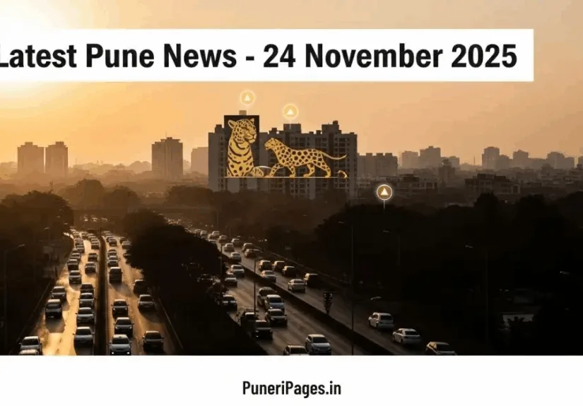 Latest Pune News cover image showing Pune skyline, traffic alerts and leopard sighting highlight.