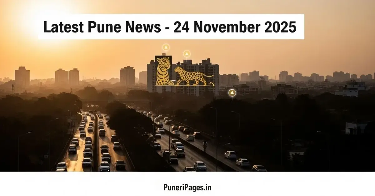 Latest Pune News cover image showing Pune skyline, traffic alerts and leopard sighting highlight.