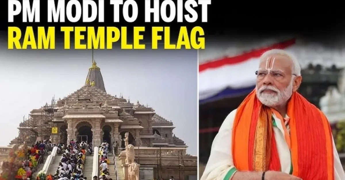 Dharm Dhwaj Hoisting at Ram Mandir in Ayodhya by PM Modi with saffron flag raised on temple spire.