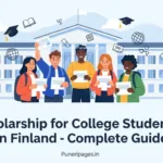 Cover image explaining scholarship for college students in Finland with students and university building.