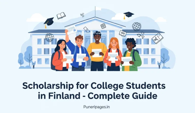 Cover image explaining scholarship for college students in Finland with students and university building.