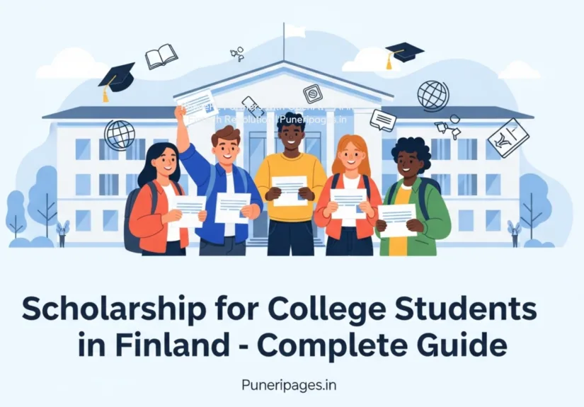 Cover image explaining scholarship for college students in Finland with students and university building.