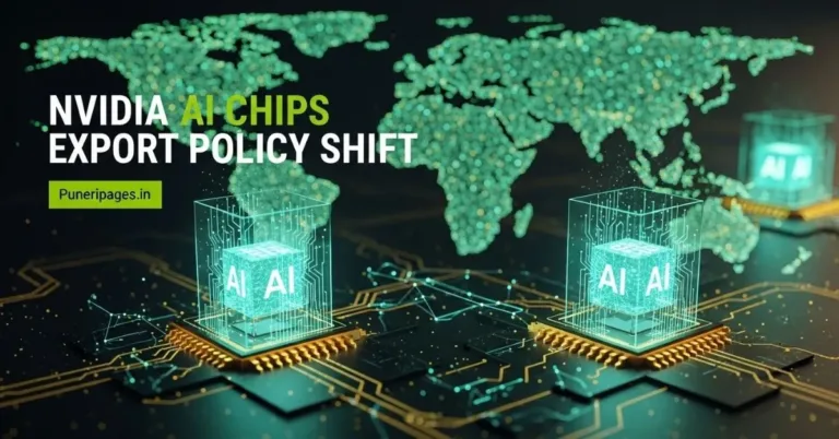 Cover image showing Nvidia AI chips and global digital network representing export policy shift with Puneripages.in branding