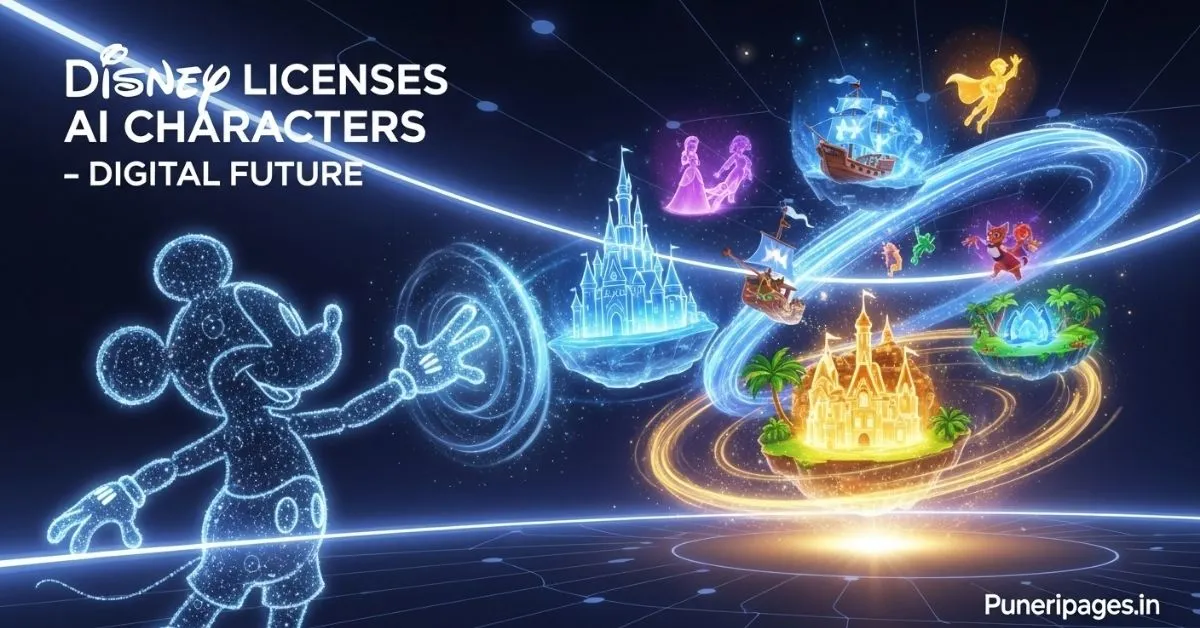 Cover image showing Disney Licenses AI Characters concept with futuristic digital storytelling elements