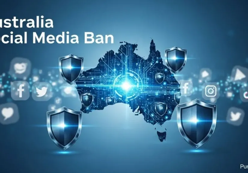 Illustration representing Australia Social Media Ban with digital security and policy elements