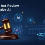 Copyright Act Review for AI with legal books, courtroom symbols, and digital AI graphics
