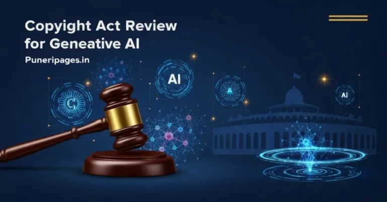 Copyright Act Review for AI with legal books, courtroom symbols, and digital AI graphics