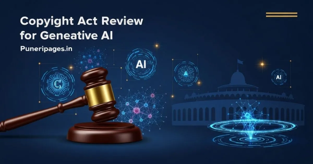 Copyright Act Review for AI with legal books, courtroom symbols, and digital AI graphics