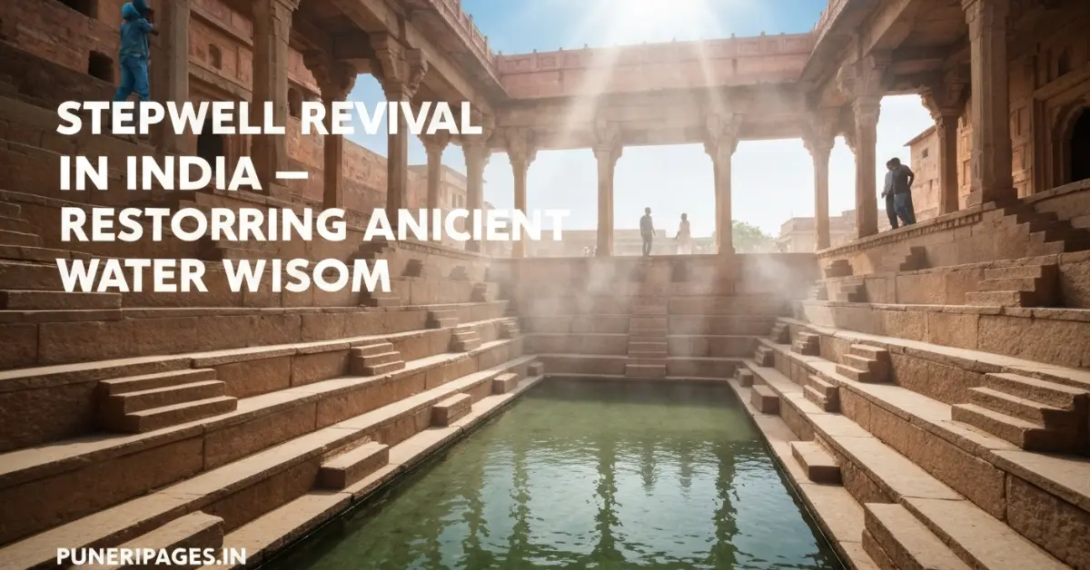 Stepwell Revival in India showcasing restored ancient baoli filled with water