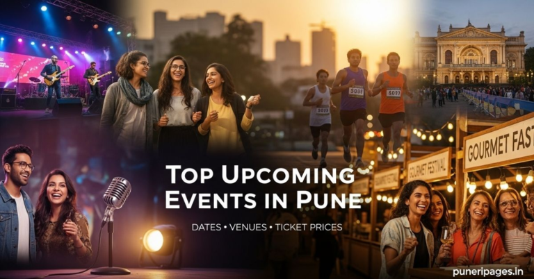 Top upcoming events in Pune showing concerts, comedy shows, food festivals and cultural events with dates venues and ticket prices