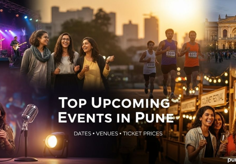 Top upcoming events in Pune showing concerts, comedy shows, food festivals and cultural events with dates venues and ticket prices