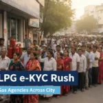 Crowds outside LPG gas agency in Pune as residents rush for LPG e-KYC verification during Pune LPG e-KYC Rush 2026