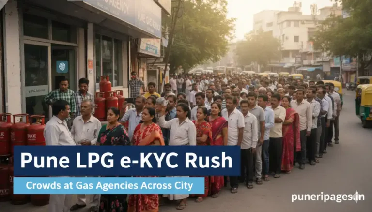 Crowds outside LPG gas agency in Pune as residents rush for LPG e-KYC verification during Pune LPG e-KYC Rush 2026