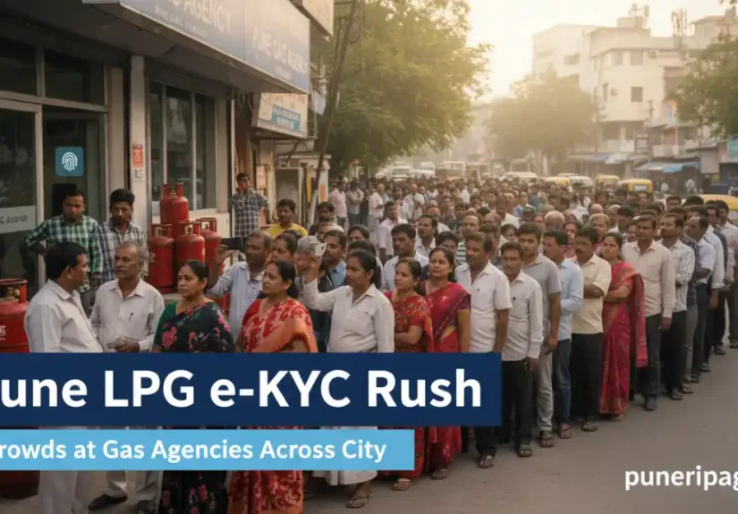 Crowds outside LPG gas agency in Pune as residents rush for LPG e-KYC verification during Pune LPG e-KYC Rush 2026