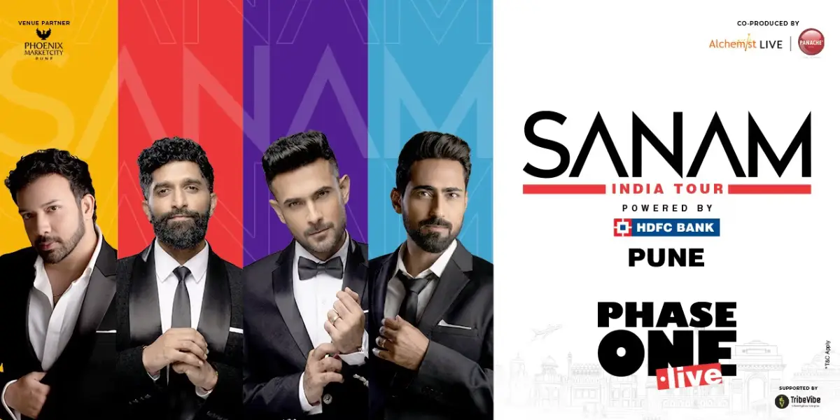 Live concert stage with band performing during Sanam India Tour Pune 2026 music event