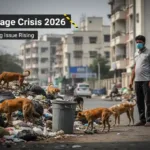 Pune garbage management crisis 2026 showing waste piles and stray dogs on city streets