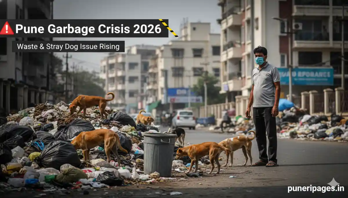 Pune garbage management crisis 2026 showing waste piles and stray dogs on city streets