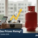 Domestic LPG cylinder in Indian kitchen showing gas price increase update for households in Pune