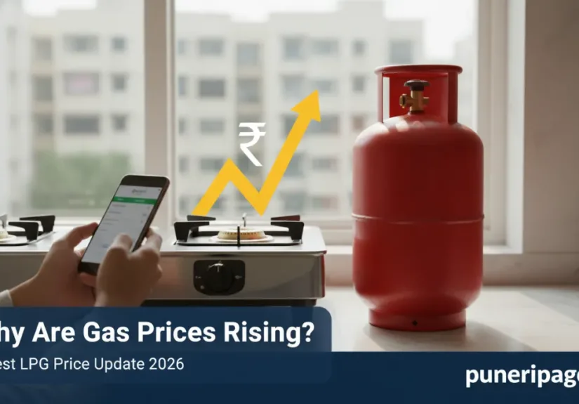 Domestic LPG cylinder in Indian kitchen showing gas price increase update for households in Pune