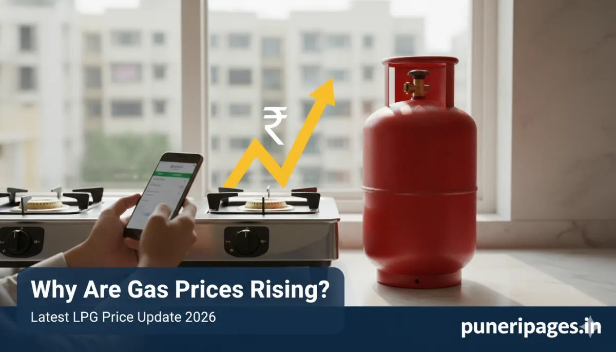 Domestic LPG cylinder in Indian kitchen showing gas price increase update for households in Pune
