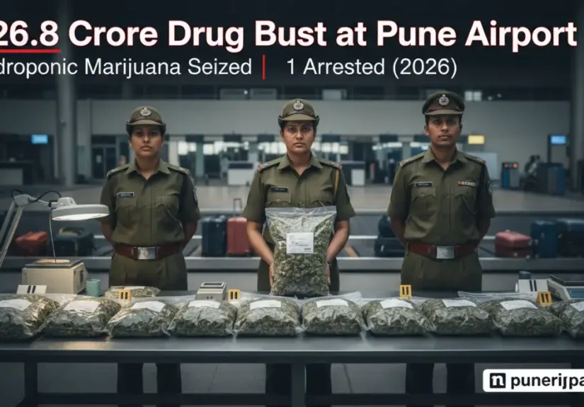 Customs officials displaying seized hydroponic marijuana worth ₹26.8 crore at Pune Airport 2026